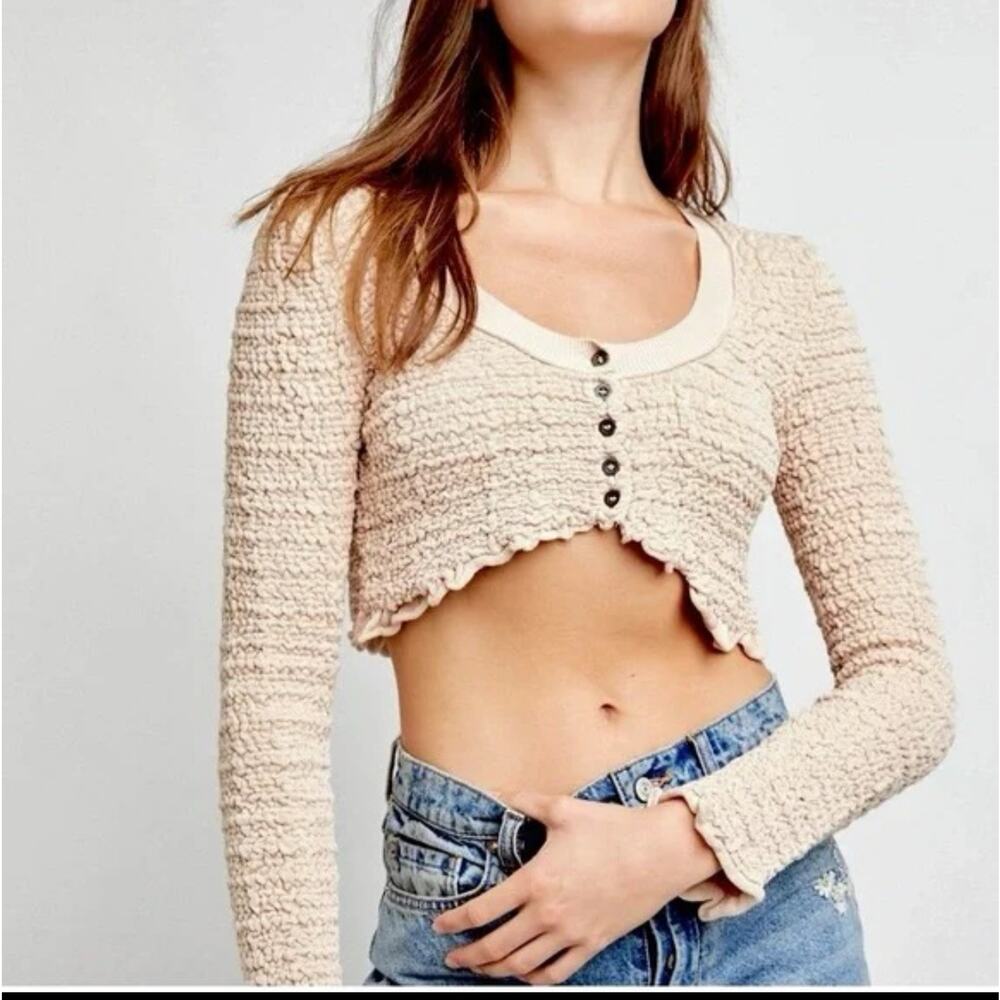 Free People Womens S Tan Cropped Button Cardigan Boho Knit Top NEW